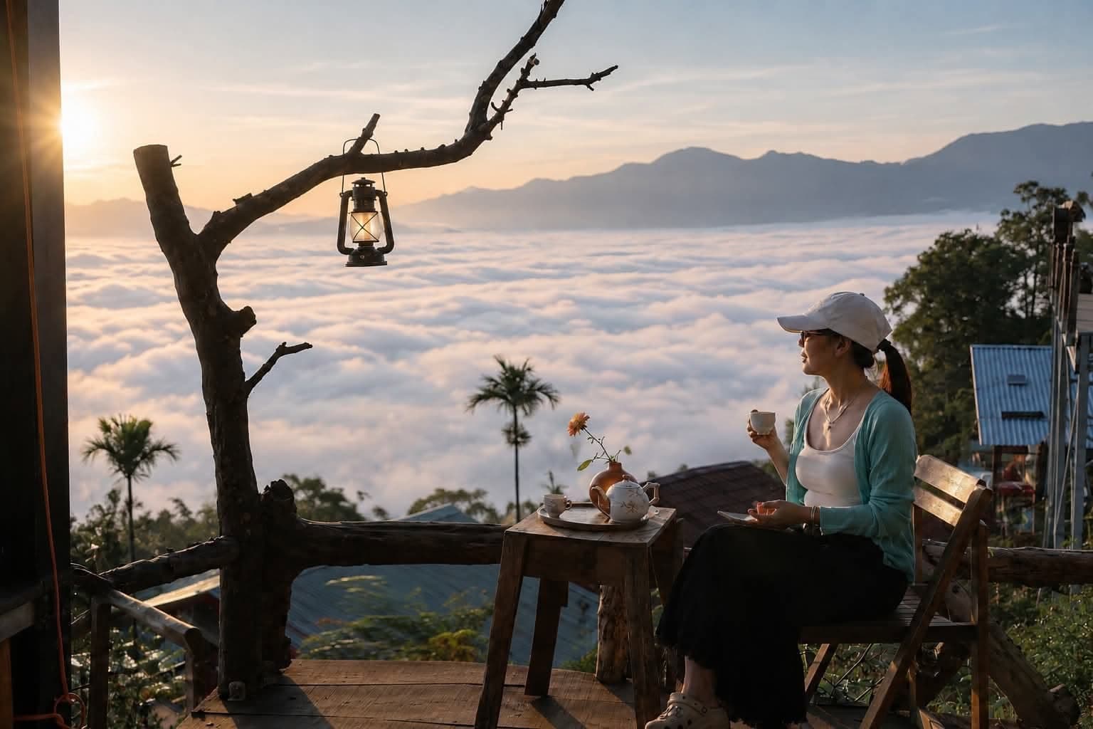 Nhâm nhi trà bên đèn lồng, ngắm biển mây lúc hoàng hôn