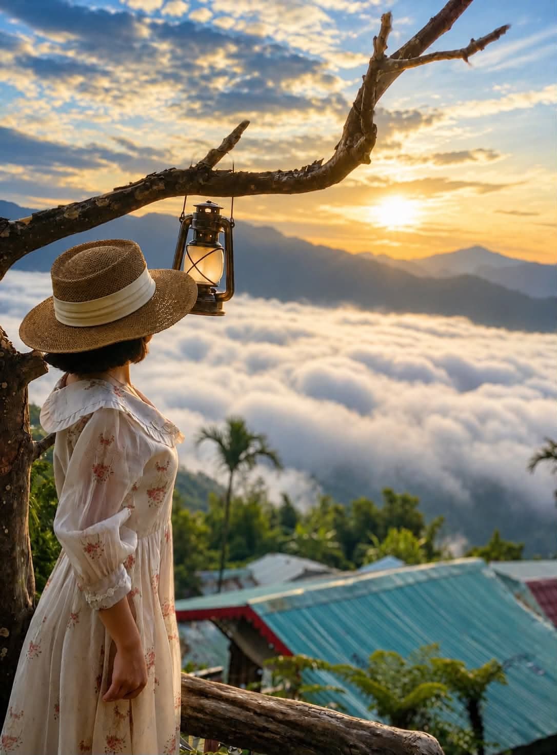 Thiếu nữ váy trắng bên đèn lồng, hoàng hôn biển mây Tăk Pổ