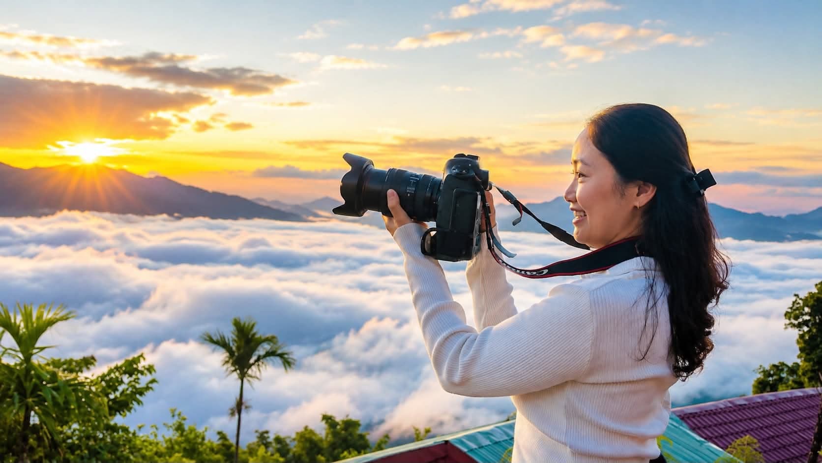 Khách nữ săn ảnh bình minh trên biển mây